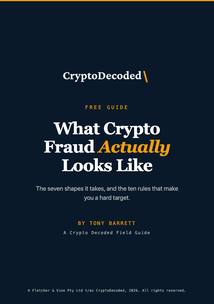 Cover of the free guide What Crypto Fraud Actually Looks Like, by Tony Barrett